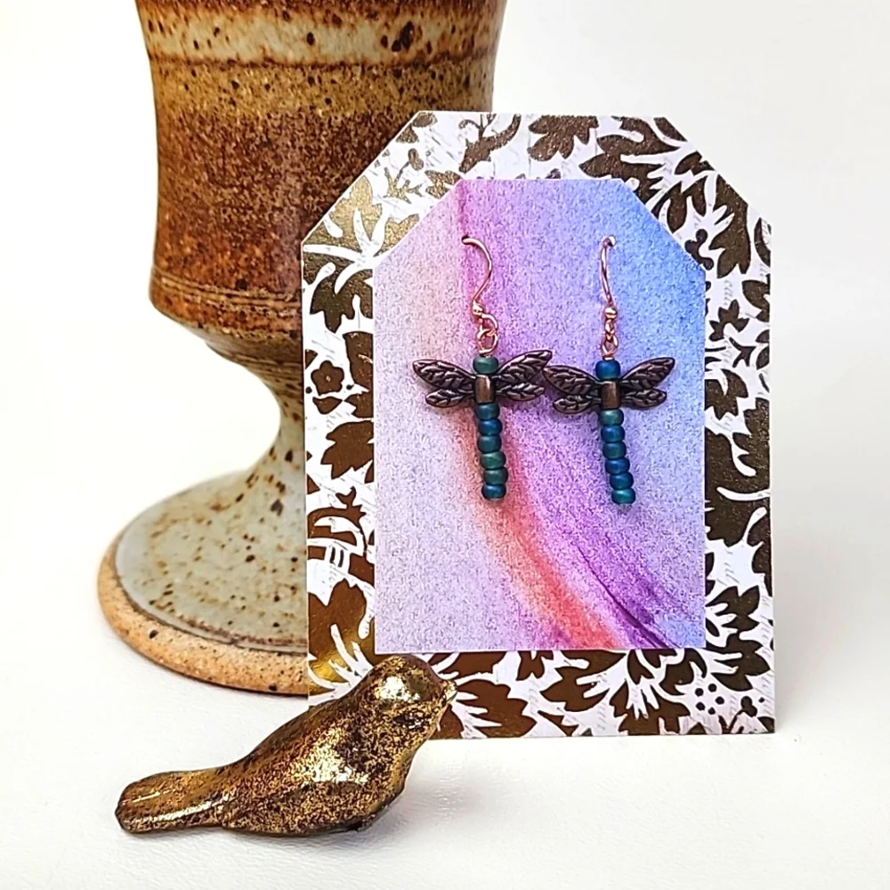 Copper & Iridescent Matte Green-Blue Dragonfly Dangle Earrings, Handmade - Picture 5 of 6